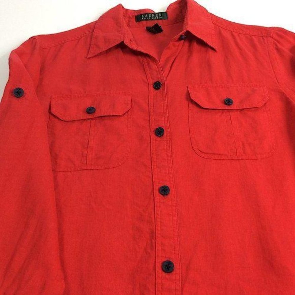 4/$25 RALPH LAUREN Nautical Red Button Down Linen Roll Tab Sleeve Shirt Women M - Picture 3 of 13
